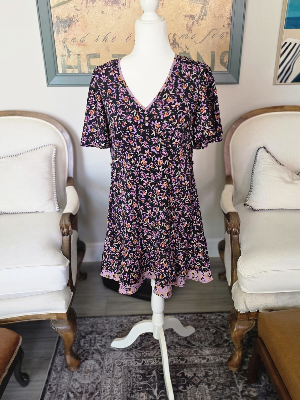 Band of Gypsies Black Mini Dress with Pink and Orange Floral Print